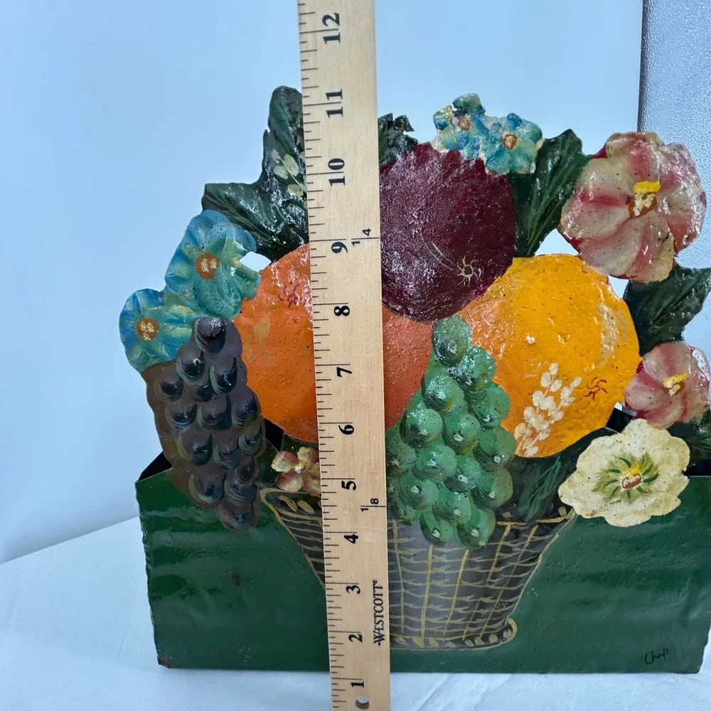 Vintage Hand‎ Painted Flower Basket on Metal Tin Wall Box Mail Box Nik Nak Box